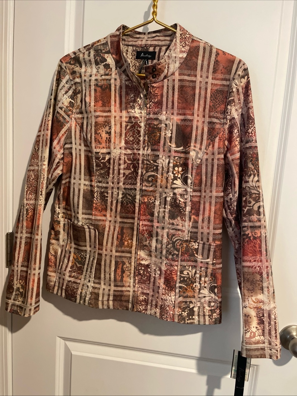 Printed Plaid Zip-Front Women’s Jacket - Rust Multi L NEW Brass Snaps&ZipperPull